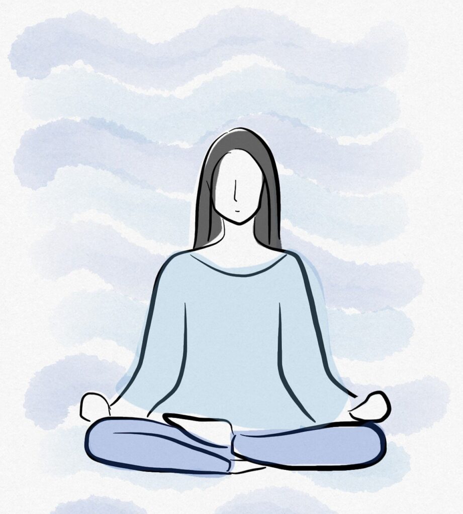 Person sitting cross legged and relaxing. Sketch is soft and calm shades of blue.