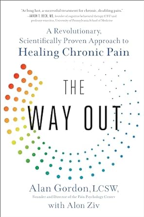 The cover of The Way Out has a circle of rainbow dots. It starts with large warm color dots and moves towards small cool color dots until the dots fade. The subtitle is A Revolutionary, scientifically proven approach to healing chronic pain.